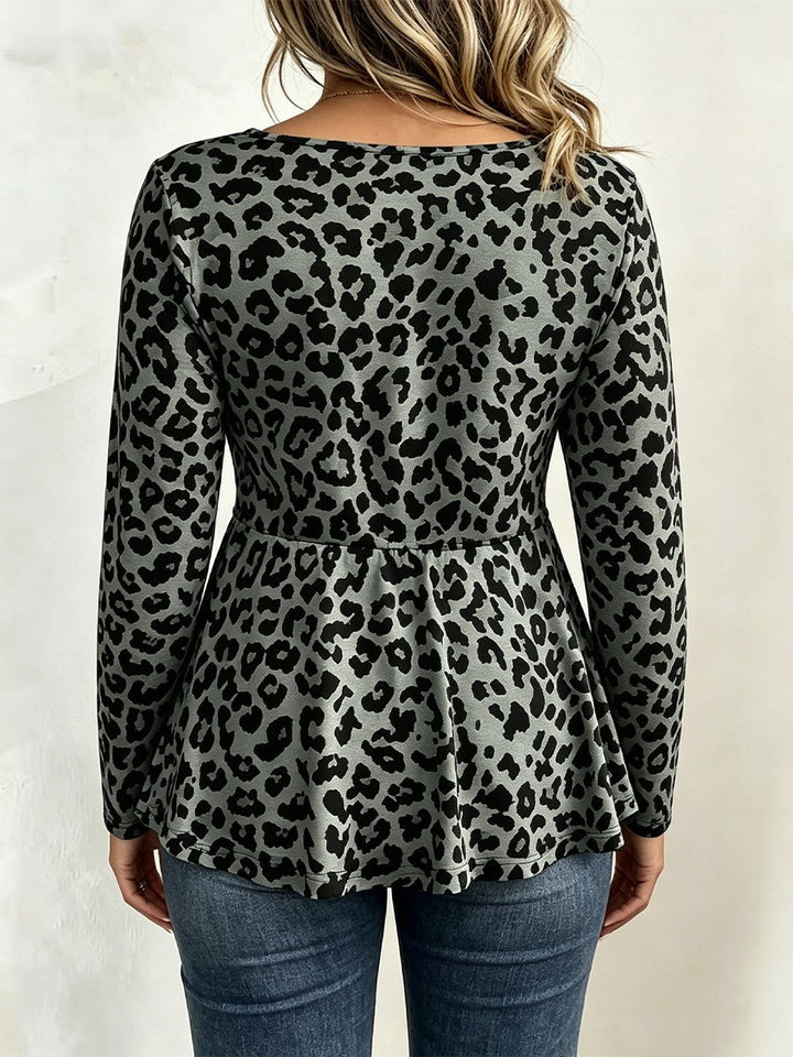 Blouse pour femme en maille à manches longues avec col en V et imprimé léopard