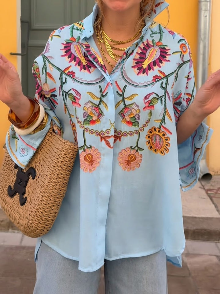Women's Embroidered Linen Shirt Long Sleeve Button Down Blouse