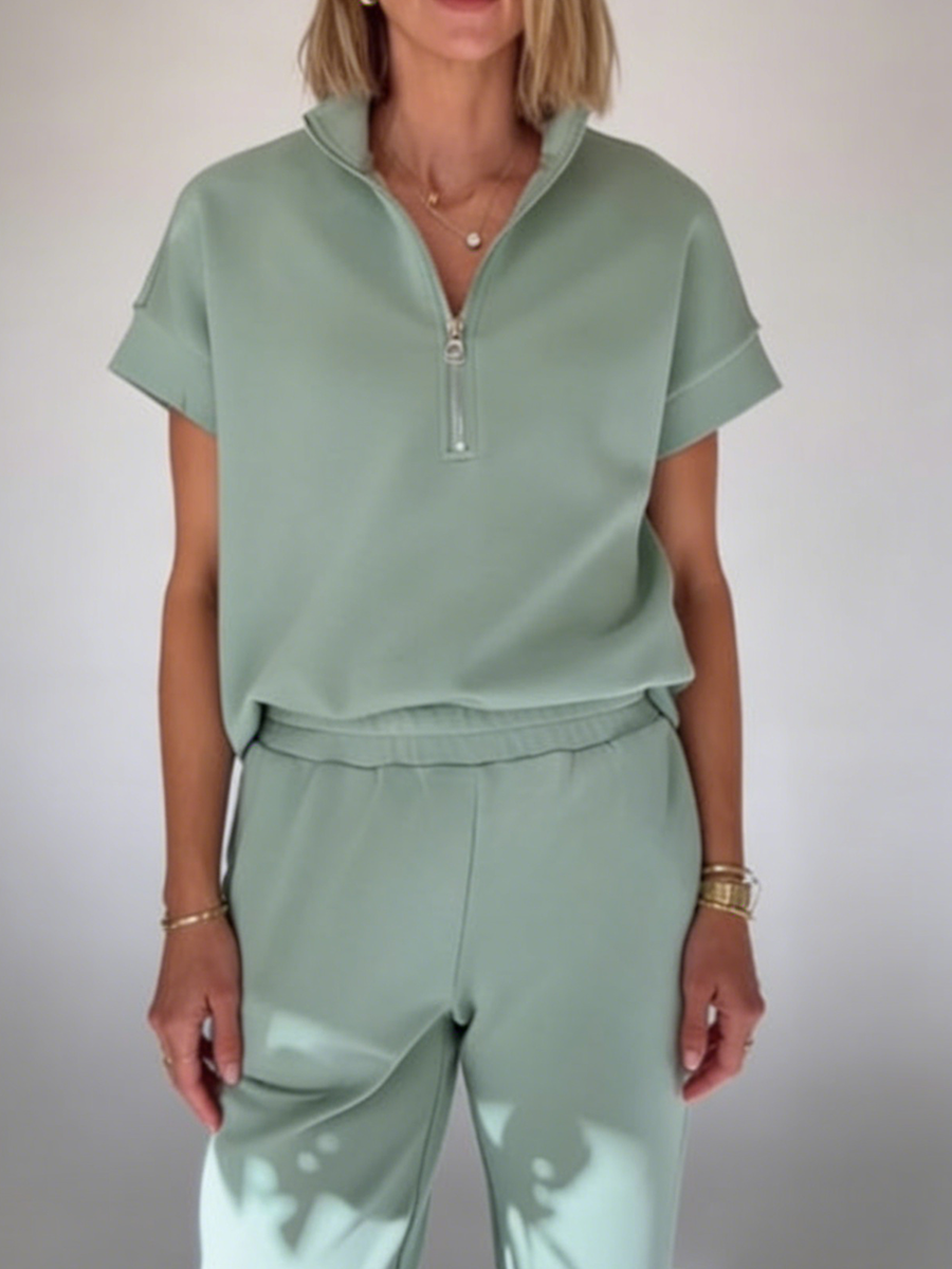 Women's Fleece Short Sleeve Quarter Zip Tracksuit Loungewear Set