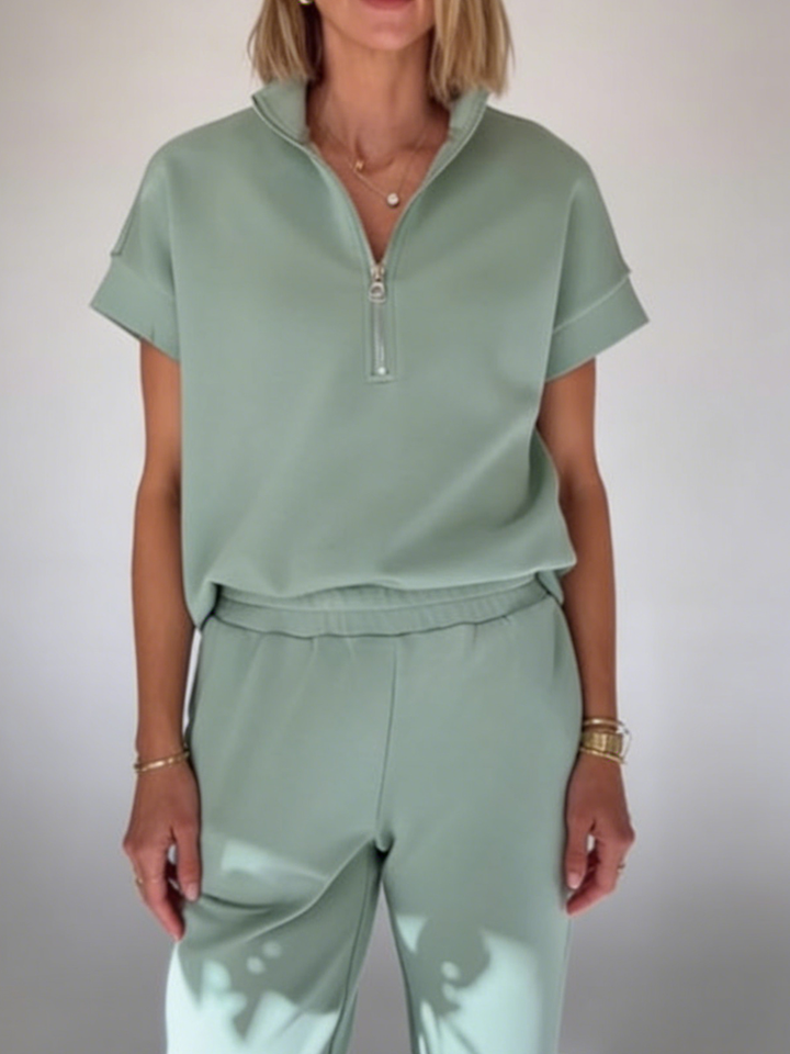 Women's Fleece Short Sleeve Quarter Zip Tracksuit Loungewear Set