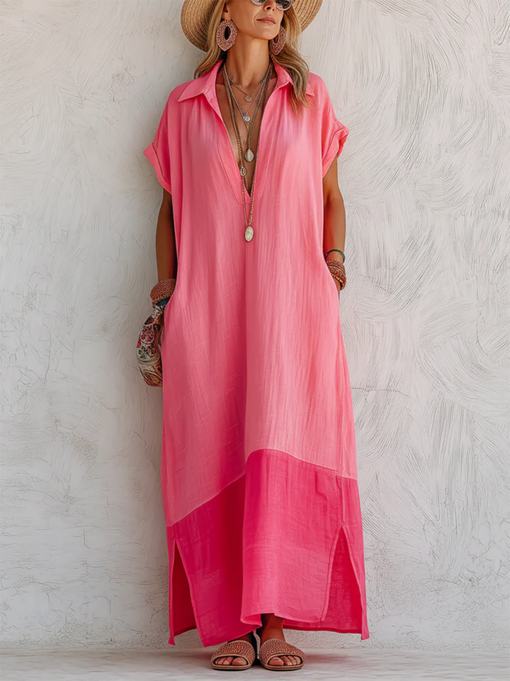 Women's Color-Block Linen Blend Polo Maxi Dress