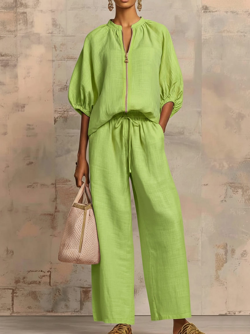Women's Linen Blend Half Zip Top and Wide Leg Pants Two-Piece Lounge Set