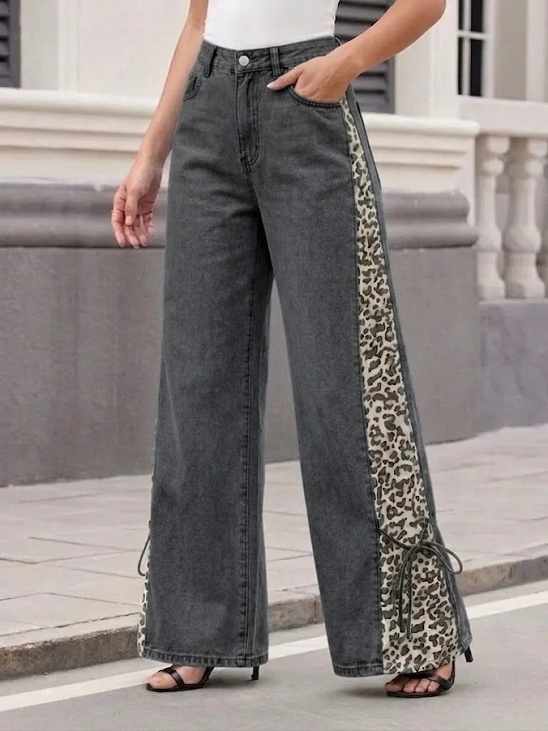 Women's Denim Wide Leg Leopard Print Side Panel Jeans