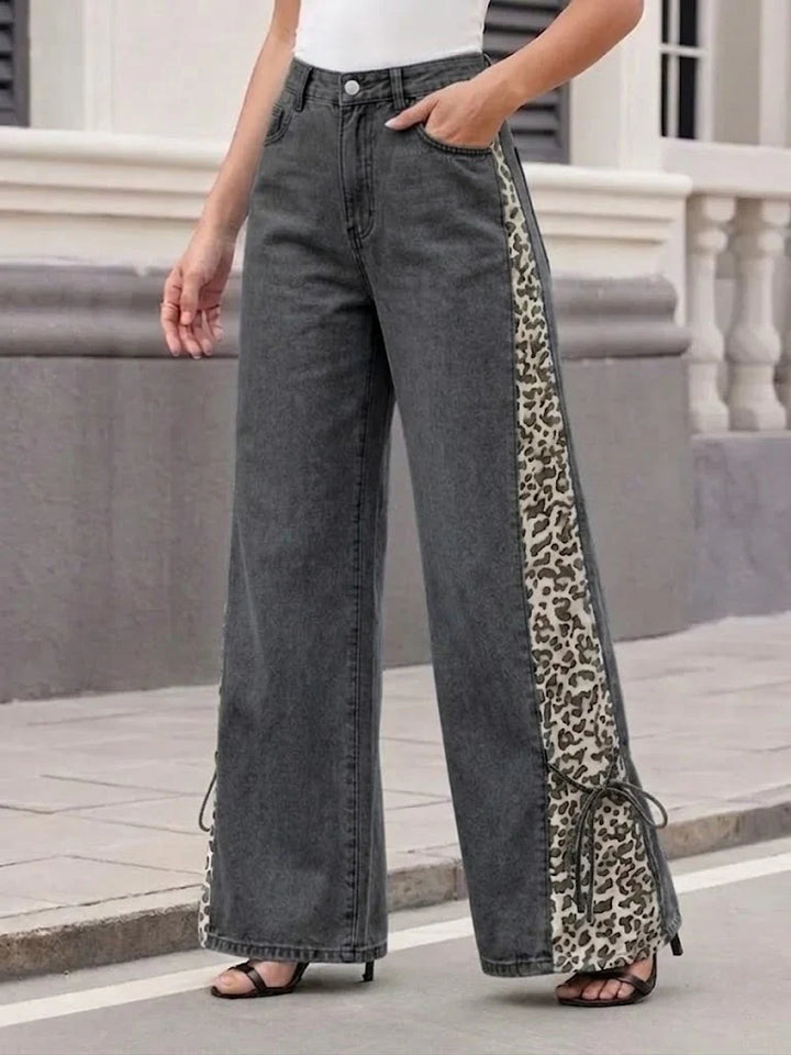 Women's Denim Wide Leg Leopard Print Side Panel Jeans