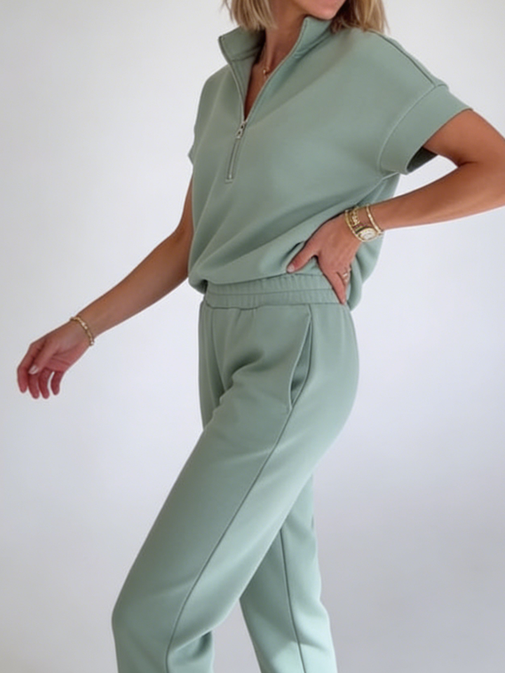 Women's Fleece Short Sleeve Quarter Zip Tracksuit Loungewear Set