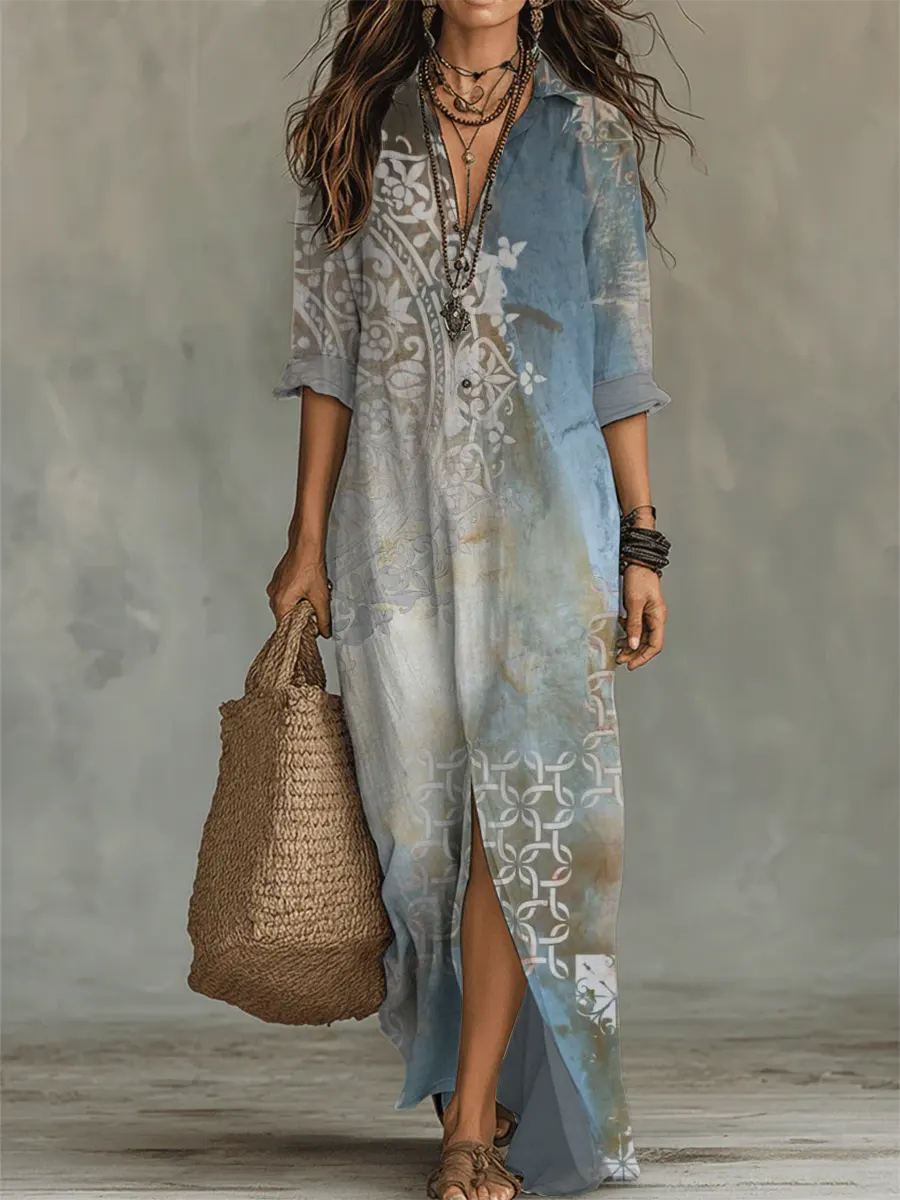 Women's Floral Linen Blend Boho Maxi Shirt Dress