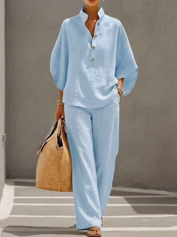 Women's Linen Two Piece Set High Waist Wide Leg Trousers and Button Top Pants Suit