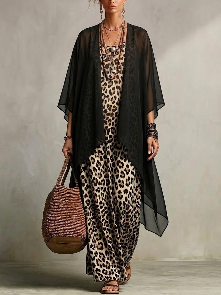 Women's Chiffon Cardigan and Leopard Print Maxi Dress Two Piece Set
