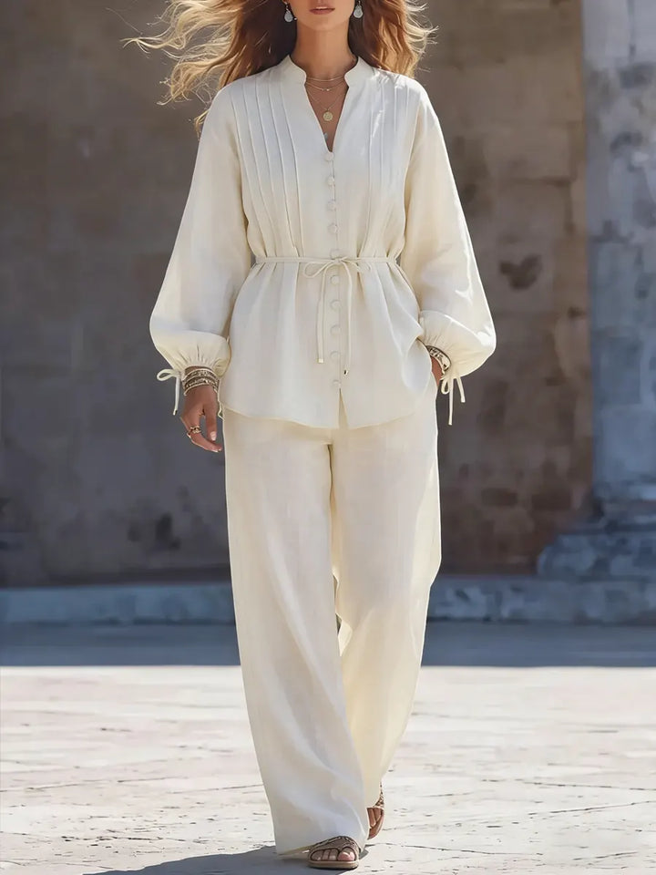Women's Linen Two Piece Set High Waist Wide Leg Trousers and V Neck Tunic Top