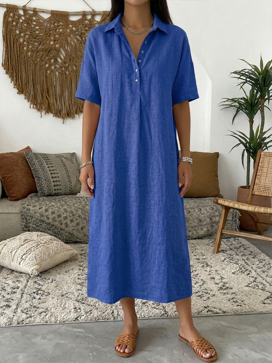Women's Linen Collared Button Maxi Shirt Dress