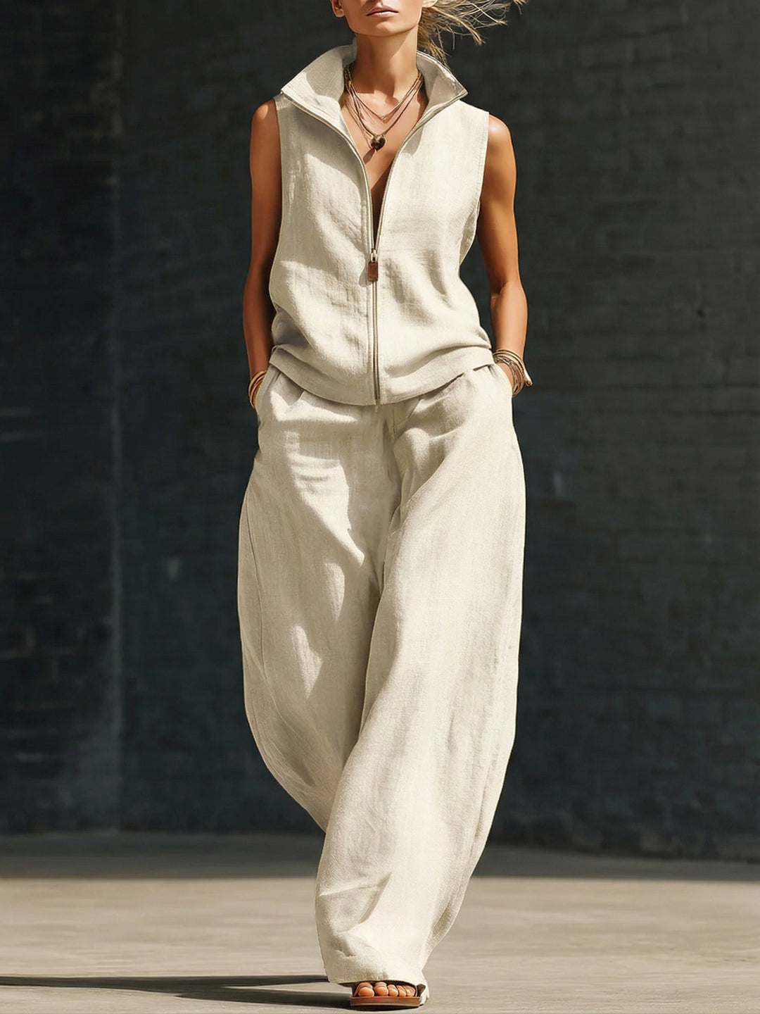Women's Linen Sleeveless Zip Up Wide Leg Jumpsuit One Piece Overalls