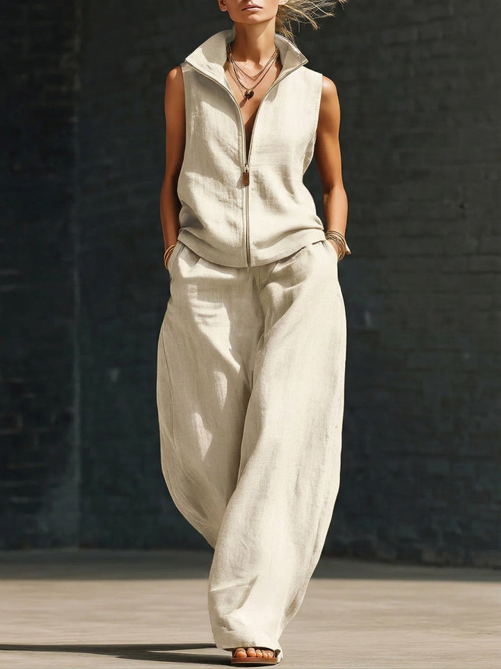 Women's Linen Sleeveless Zip Up Wide Leg Jumpsuit One Piece Overalls