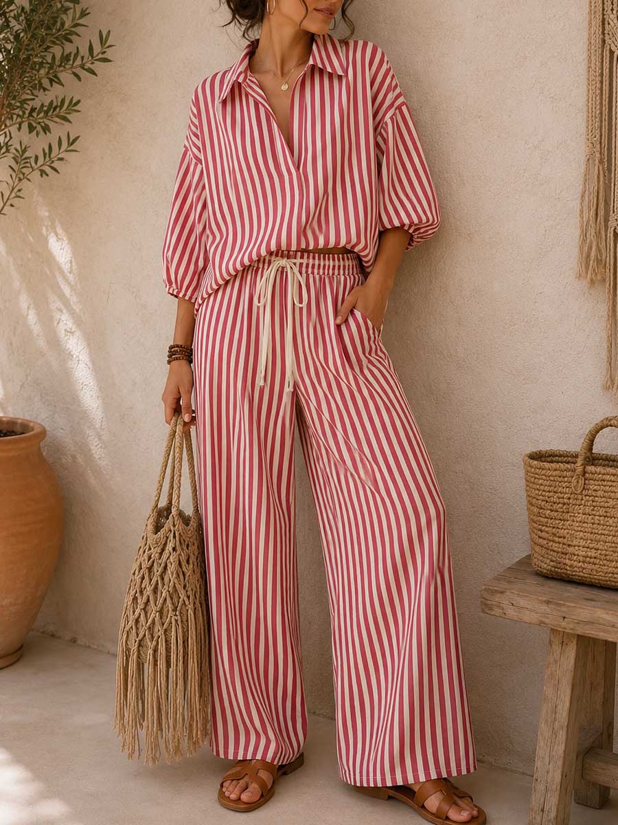 Women's Two-Piece Set Linen Striped Shirt & Wide-Leg Pants
