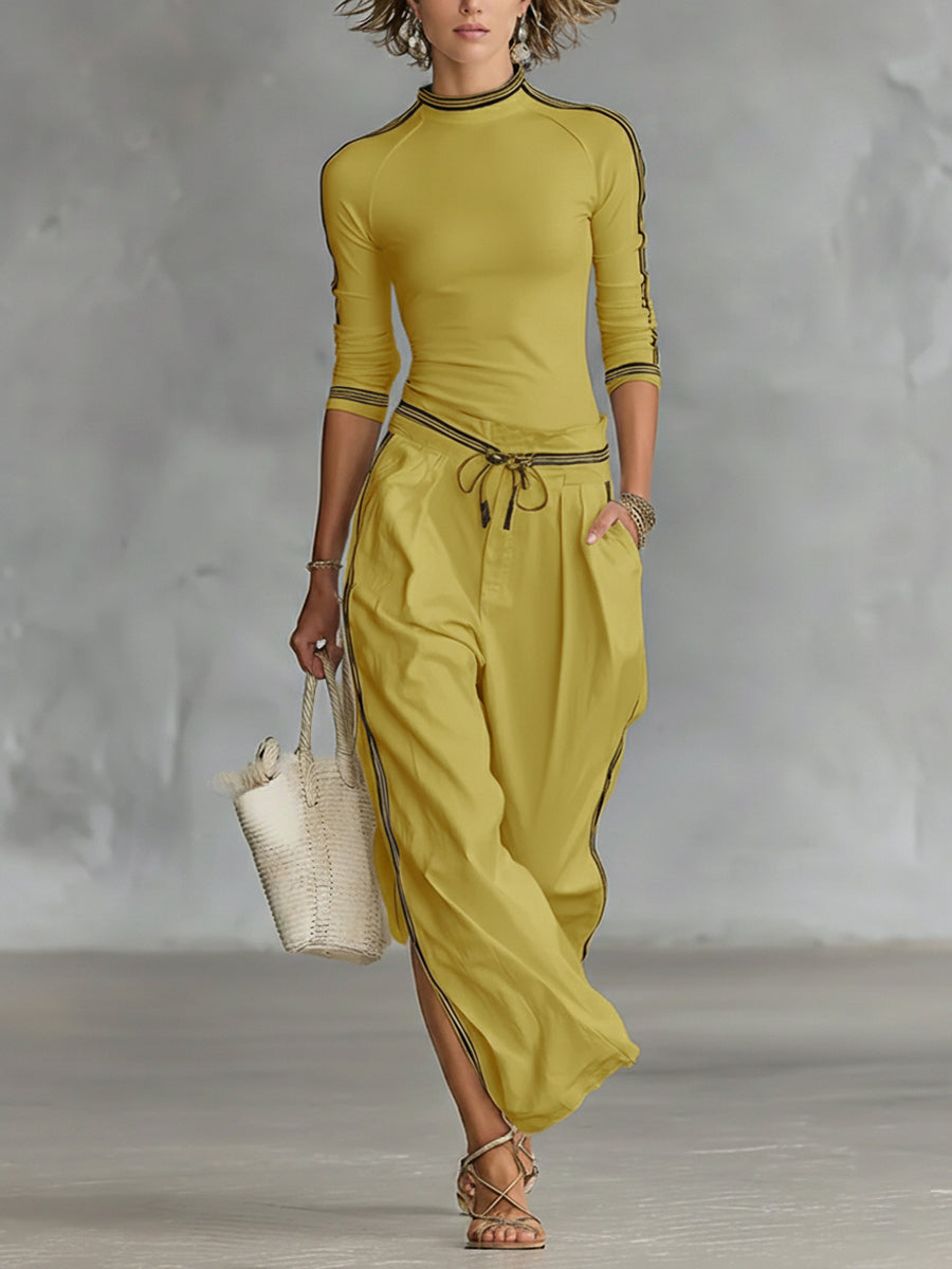 Women's Two-Piece Crewneck Top and Wide-Leg Pants Set