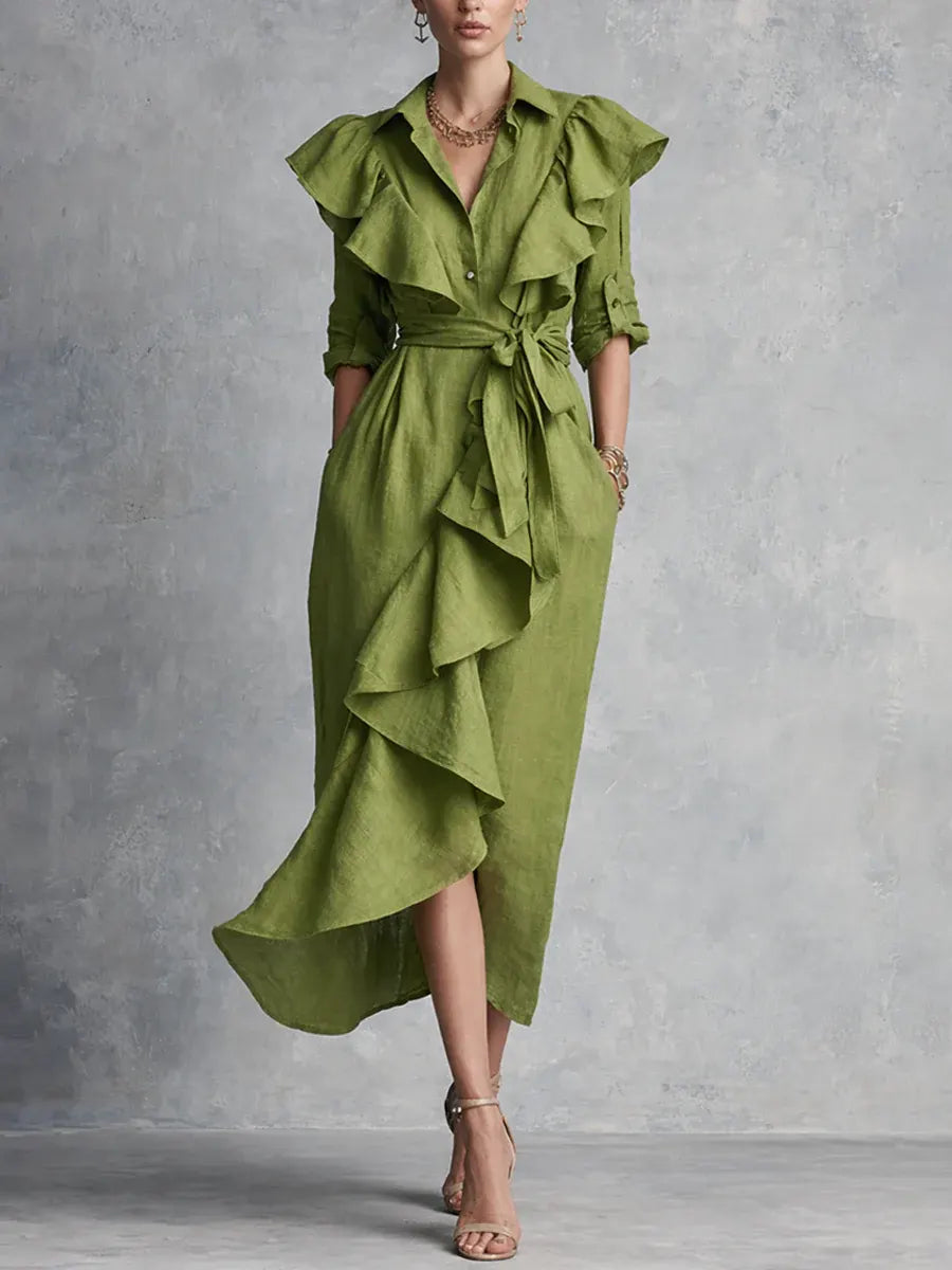 Women's Linen Ruffle High-Low Hem Tie-Waist Shirt Dress