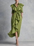 Women's Linen Ruffle High-Low Hem Tie-Waist Shirt Dress