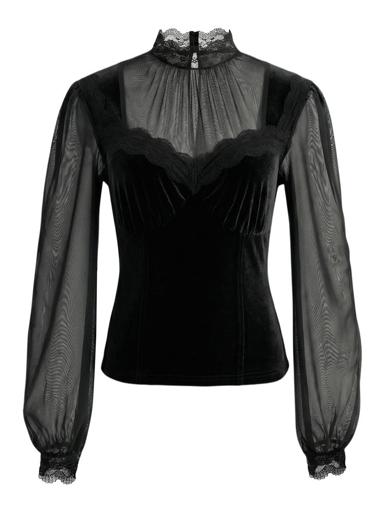 Blouse pour femme en velours et mesh à col haut et manches longues