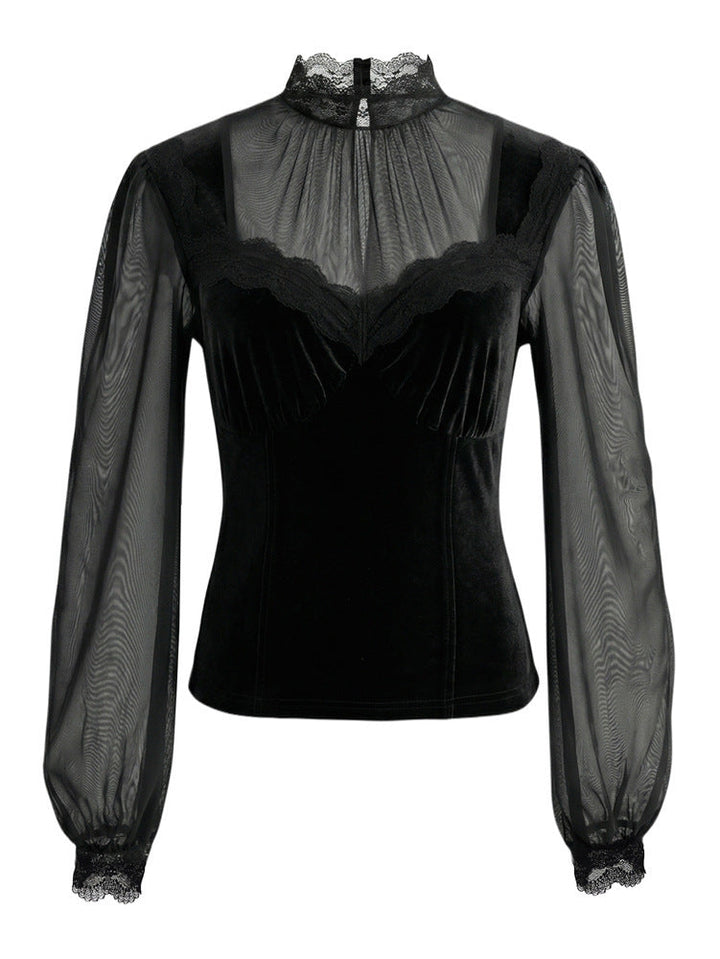 Blouse pour femme en velours et mesh à col haut et manches longues