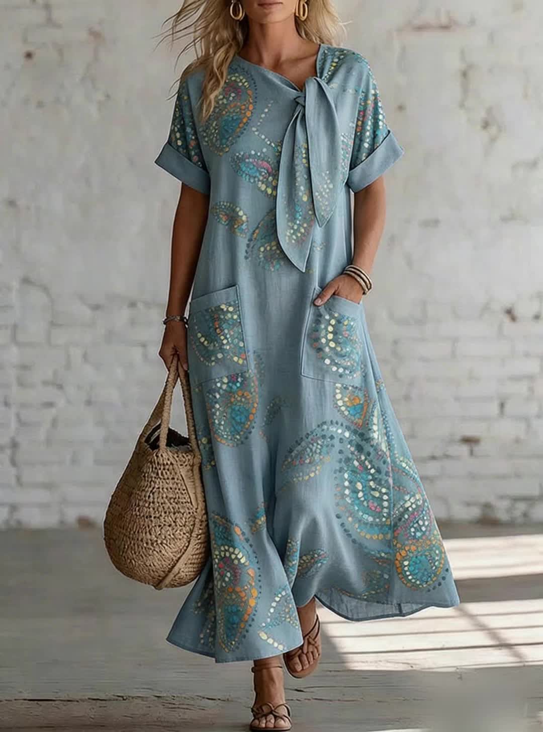 Women's Linen Maxi Dress Printed Boho Casual Loose Fit Sun Dress