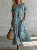 Women's Linen Maxi Dress Printed Boho Casual Loose Fit Sun Dress
