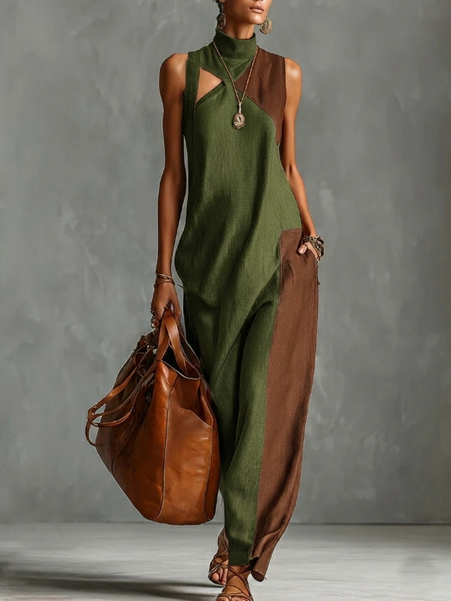Women's Linen Sleeveless High Neck Cutout Maxi Dress