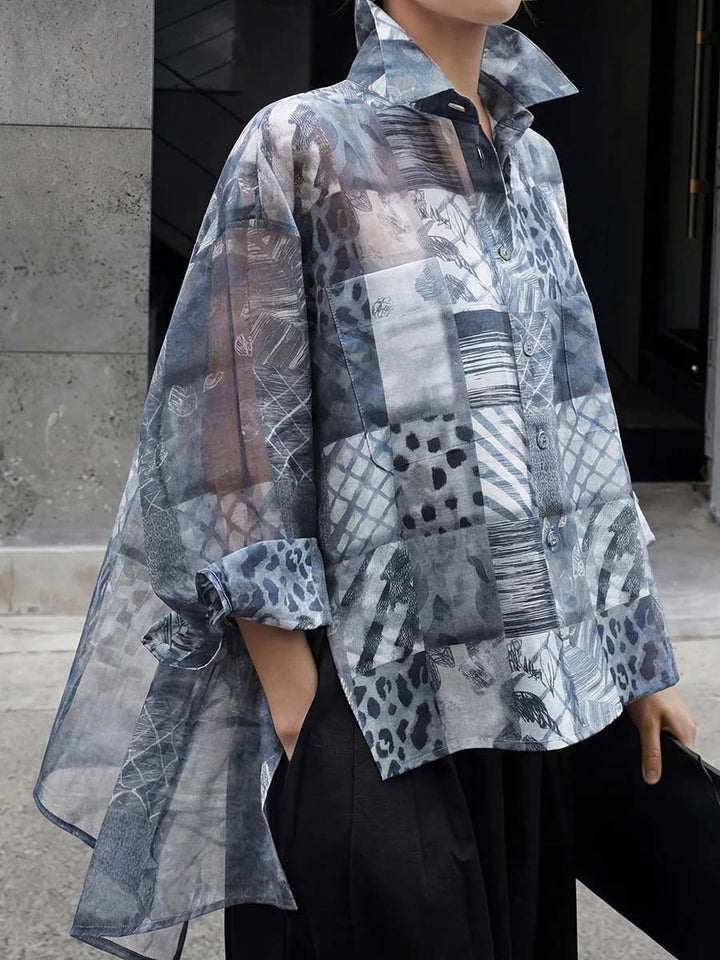 Women's Linen Blouse Sheer Patchwork Button Up Oversized High Low Shirt