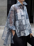 Women's Linen Blouse Sheer Patchwork Button Up Oversized High Low Shirt