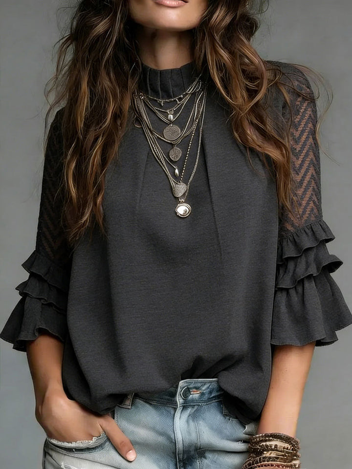 Women's Linen Blend Stand Collar Half-Sleeve Blouse
