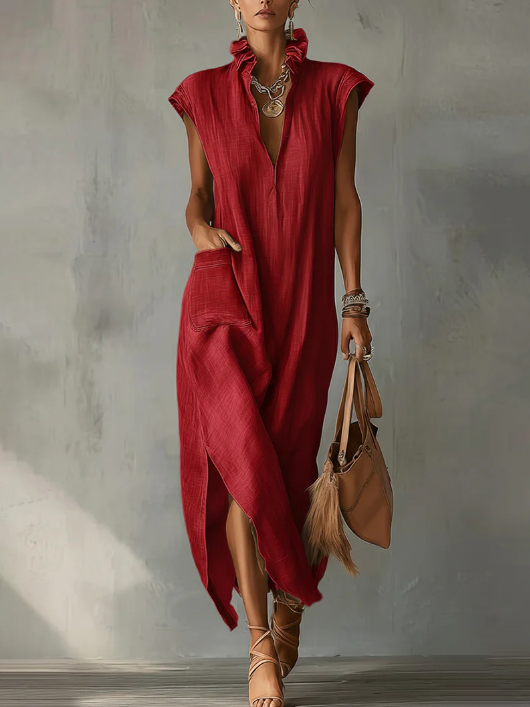 Women's Linen V Neck Ruffle Maxi Dress Sleeveless Kaftan Boho Long Dress