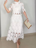 Women's Two-Piece Floral Lace Midi Skirt and Button-Up Shirt Set