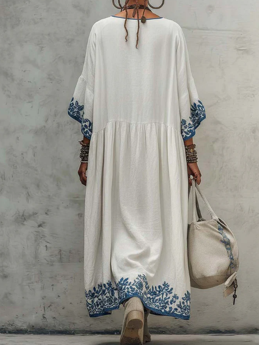 Women's Floral Linen-Blend V-Neck Boho Maxi Dress