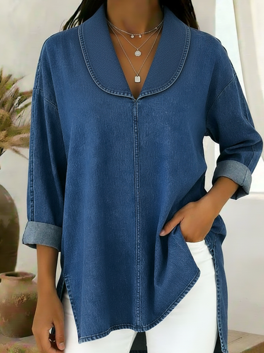 Women's Knit Shawl Collar Long Sleeve Blouse Tunics