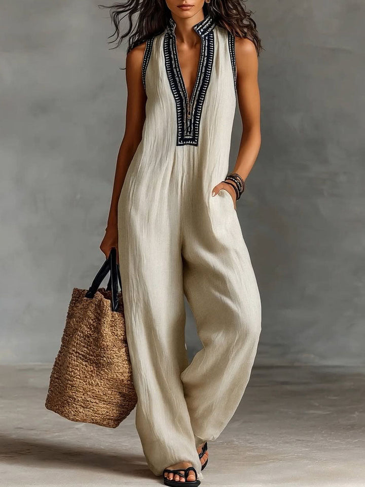 Women’s Linen Jumpsuit V-Neck Sleeveless Wide Leg Romper