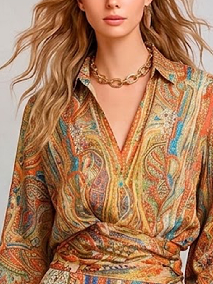 Women's Paisley Print Satin Wide Leg Trouser and Blouse Set