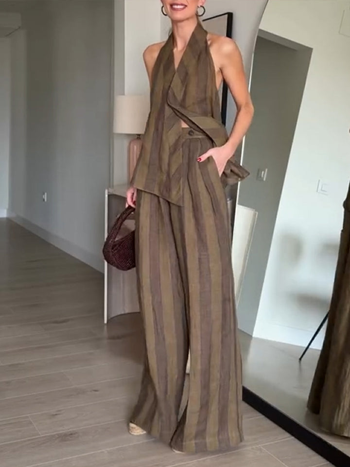 Women's Linen Two Piece Set Striped Backless Halter Top & Wide-Leg Pants
