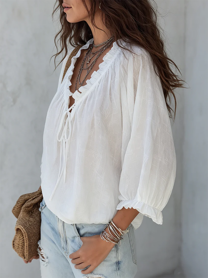 Women's Linen-Blend V-Neck Long-Sleeve Ruffle Blouse