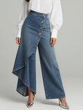 Women's Denim Wide Leg Ruffle Skirt Overlay Jeans High Waisted Trousers