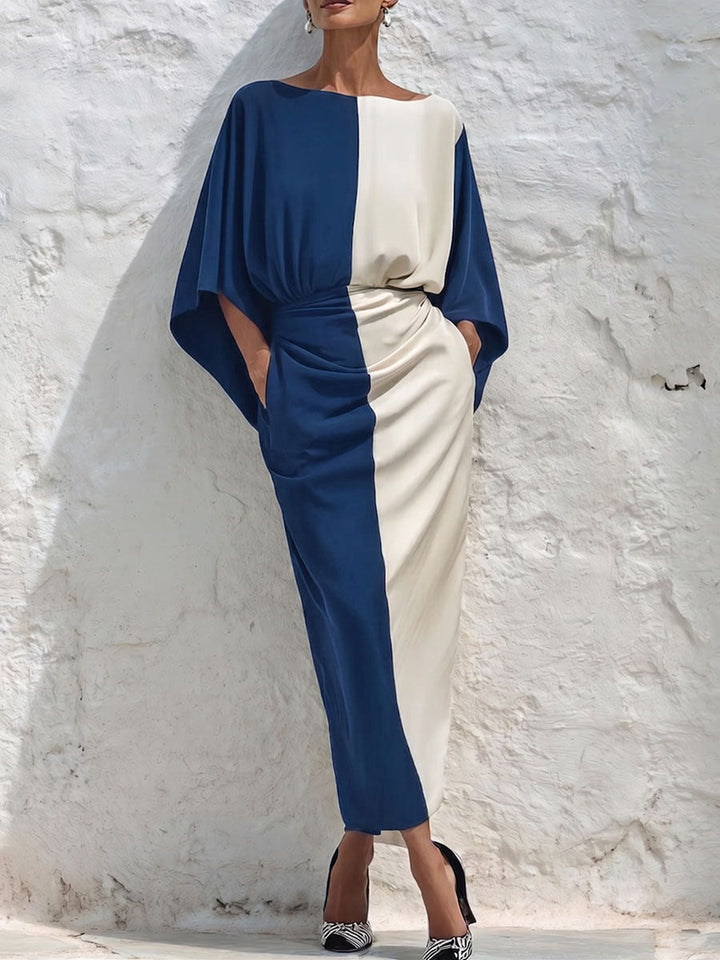 Women's Satin Batwing Sleeve Colorblock Maxi Dress