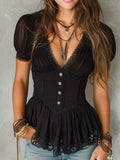 Women's Chiffon V-Neck Peplum Top Corset Style Blouse Short Puff Sleeve Shirt