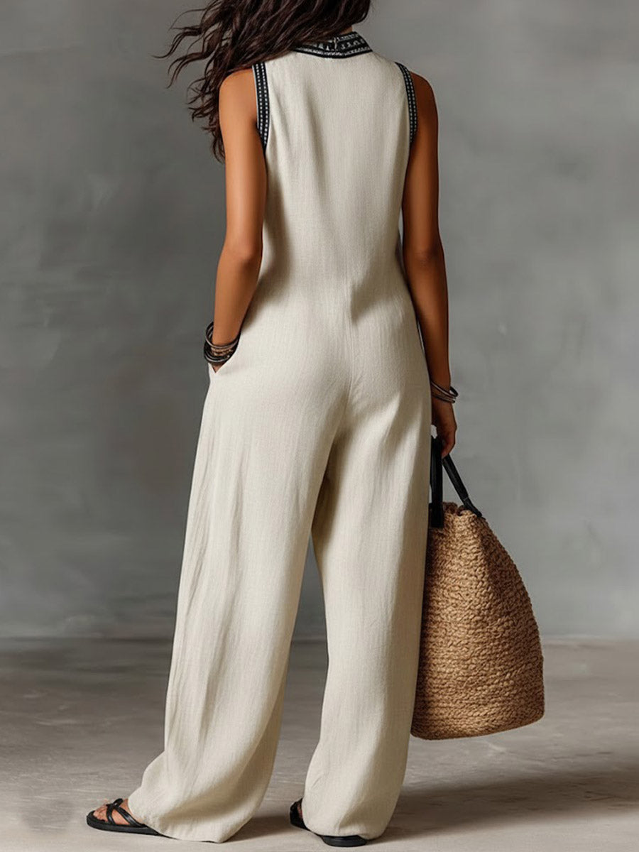 Women's Linen V-Neck Sleeveless Wide Leg Jumpsuit