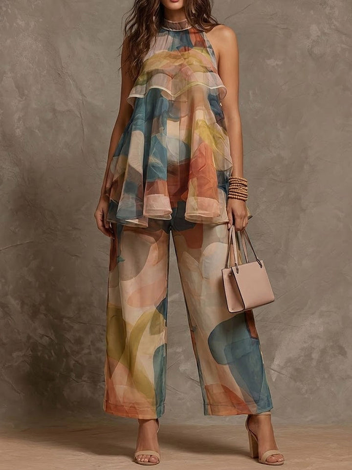 Women's Chiffon Tie-Dye Halter Top & Wide Leg Pants Two Piece Set