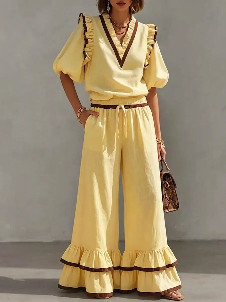 Women's Linen V-Neck Puff Sleeve Ruffle Hem Wide Leg Two Piece Set