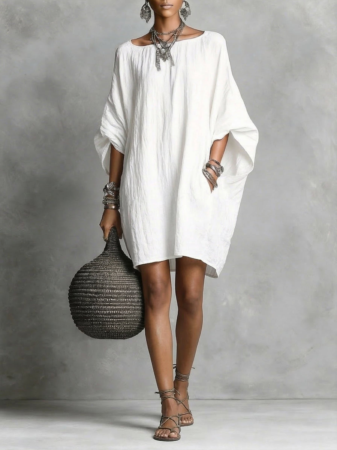 Women's Linen Off Shoulder Batwing Sleeve Tunic Mini Shift Dress