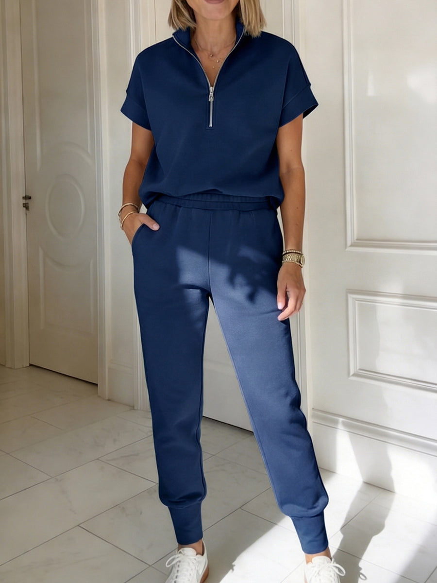 Women's Fleece Short Sleeve Quarter Zip Tracksuit Loungewear Set