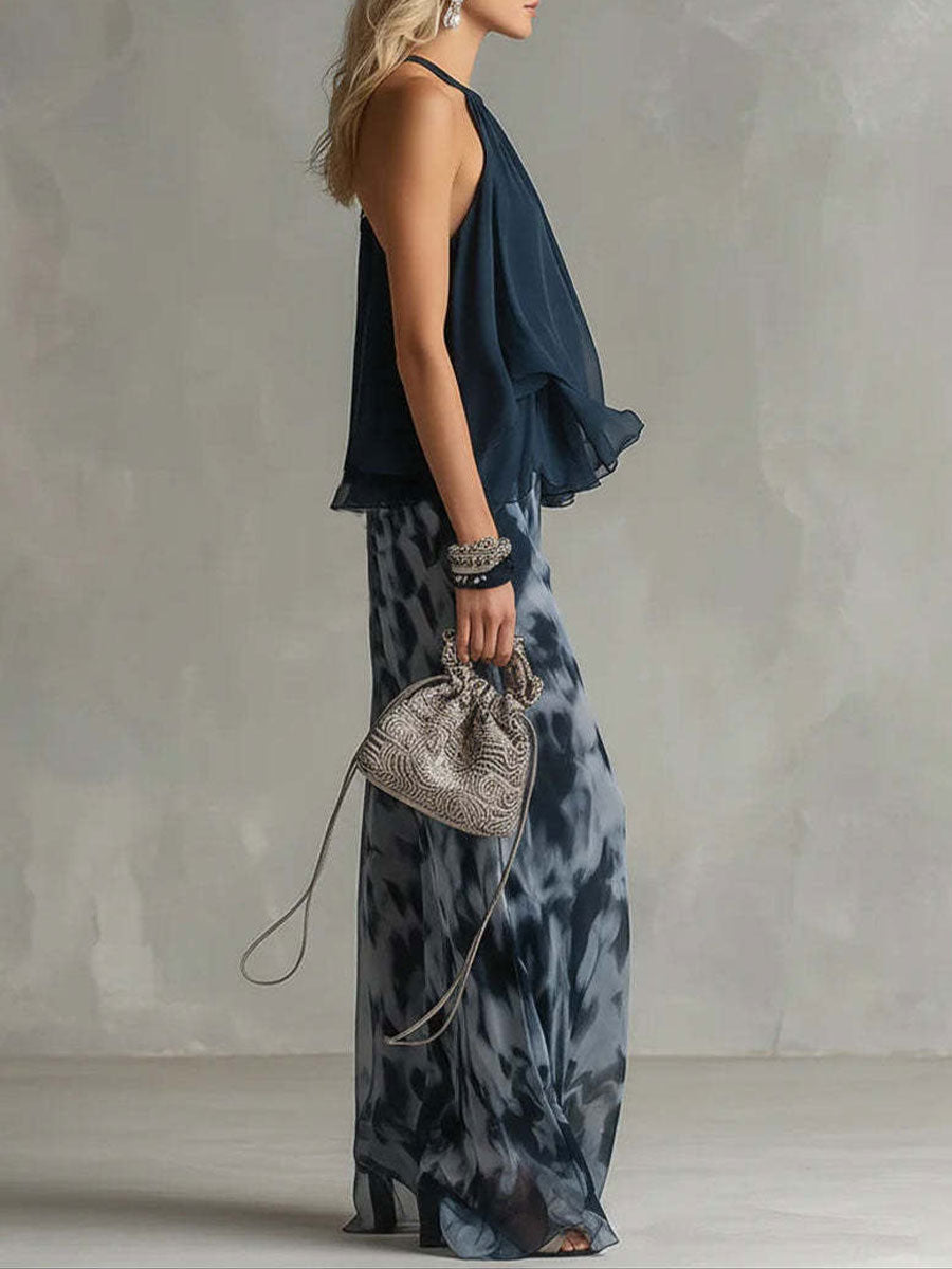 Women's Halter Neck and Wide Leg Linen Two-Piece Set