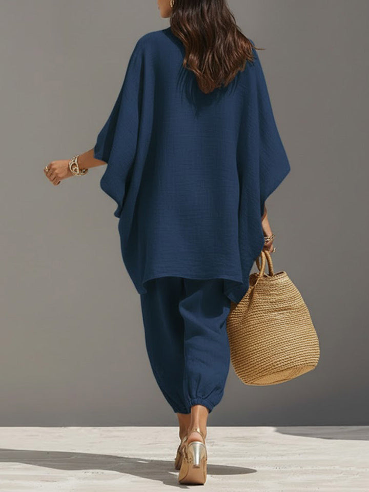 Women Linen V Neck Poncho Top and Joggers Two Piece Set