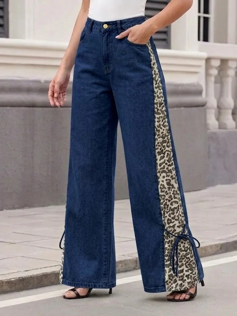 Women's Denim Wide Leg Leopard Print Side Panel Jeans