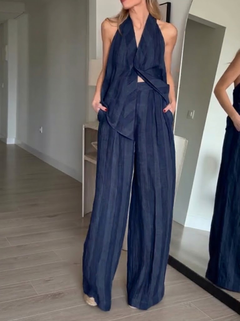 Women's Linen Two Piece Set Striped Backless Halter Top & Wide-Leg Pants