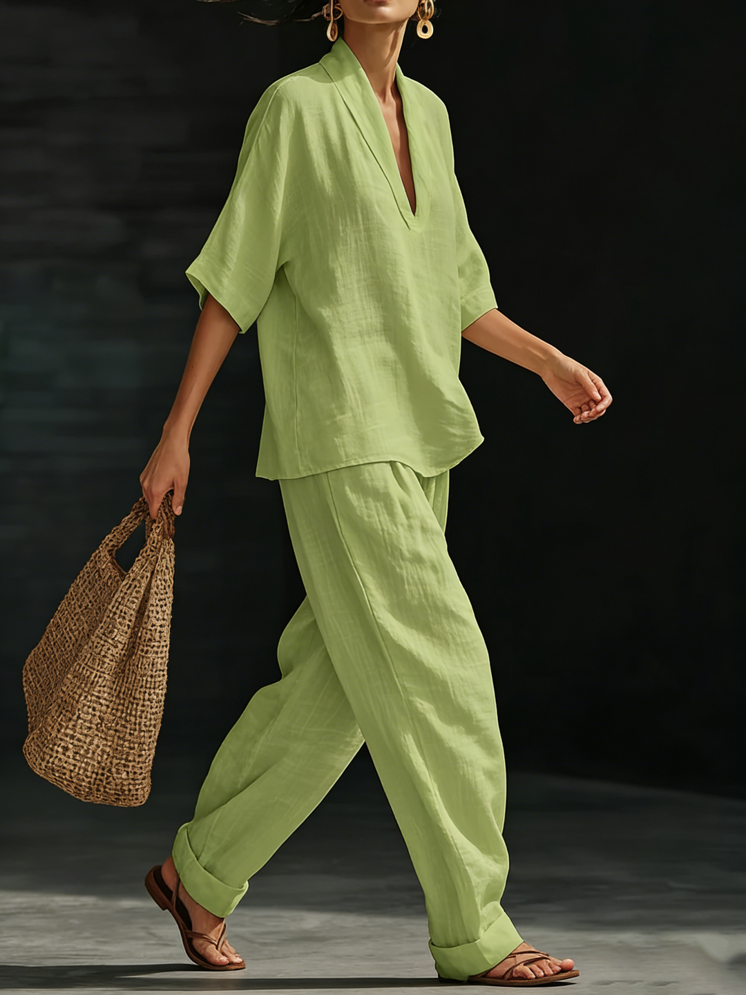 Women's Linen Two Piece Set V Neck Short Sleeve Top and Wide Leg Trousers