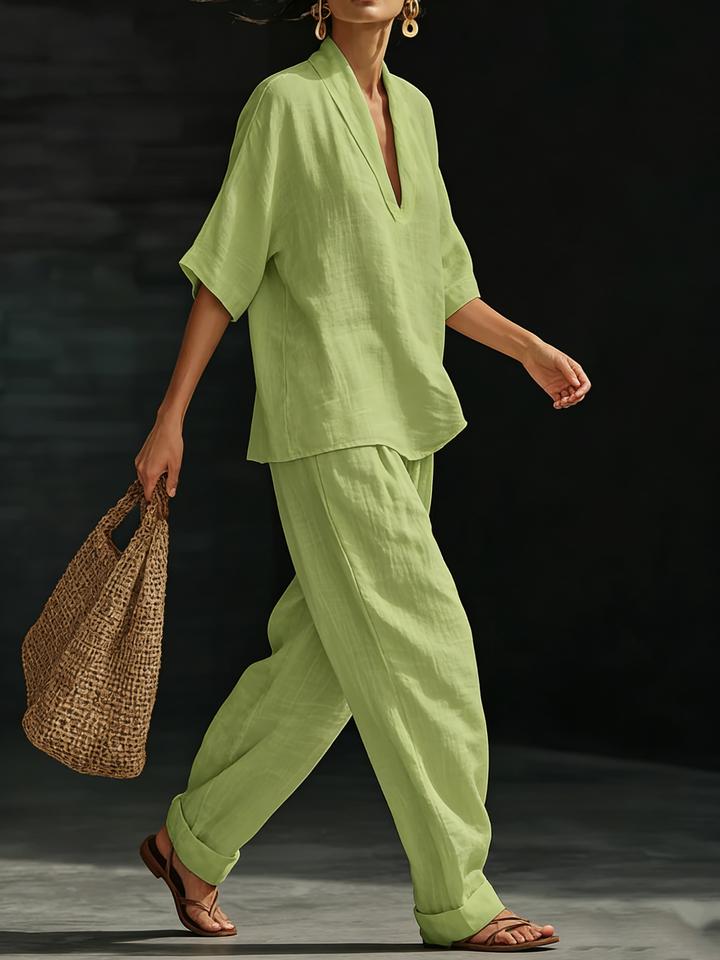 Women's Linen Two Piece Set V Neck Short Sleeve Top and Wide Leg Trousers